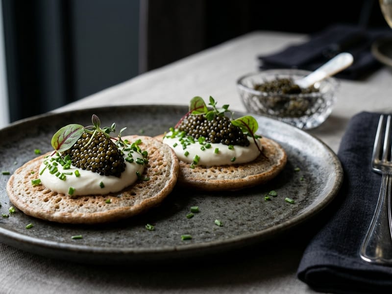Ossetra Kaviaar met Blini & Zure Room