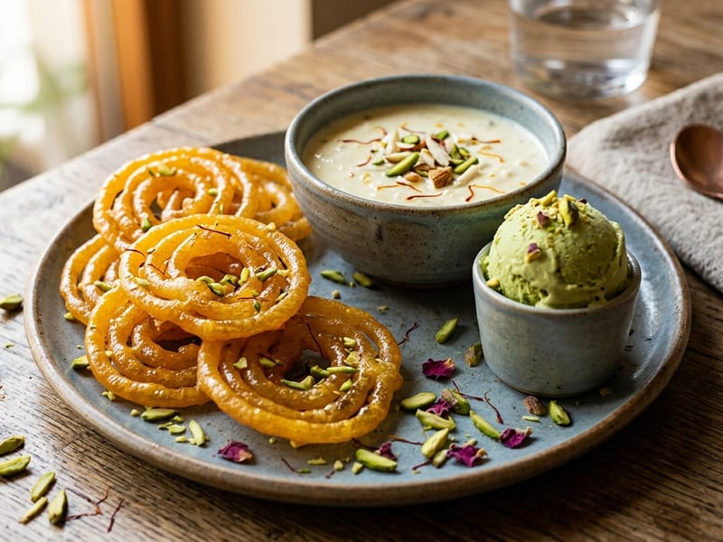 Jalebi Chaud avec Rabri et Glace Pistache