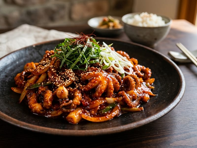 Spicy Octopus (Nakji) with Perilla & Gochujang Glaze