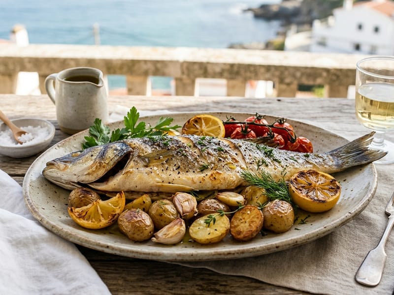 Robalo Assado com Batatas e Vinho Branco