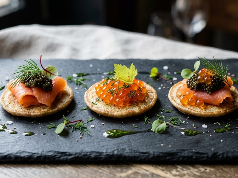 Trio von Blini mit Räucherlachs und Kaviar